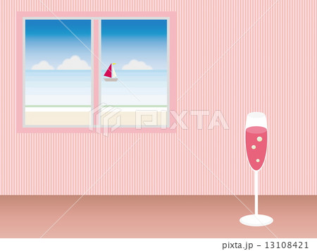 窓 海風景 ピンクシャンパンのイラスト素材