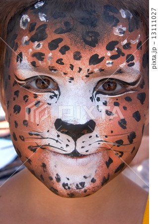 cute girl kid face with painted panther color mask 13111027