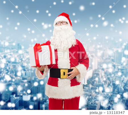 man in costume of santa claus with gift box 13118347