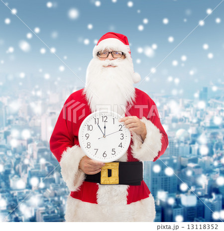 man in costume of santa claus with clock 13118352