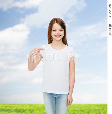smiling little girl in white blank t-shirt 13122126