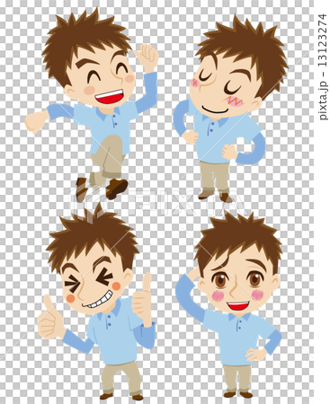 元気な２頭身の青年セットのイラスト素材
