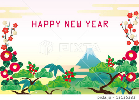 背景,年賀素材-松竹梅,椿,南天,富士 13135233