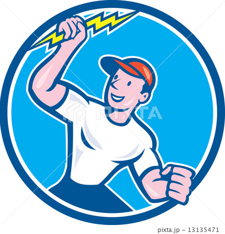 Electrician Holding Lightning Bolt Circle Cartoon 13135471