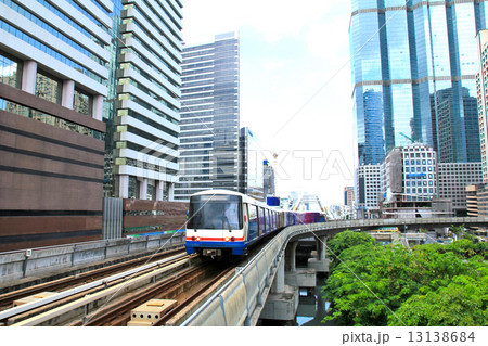 Sky train in Bangkok with business building 13138684