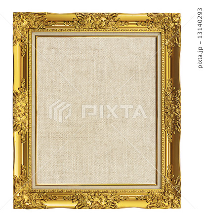 old golden frame with empty grunge linen canvas for your picture 13140293