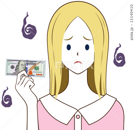 100ドルを持つ女性　困り顔 13140410