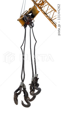 lifting hooks of crane boom isolated on white 13144262