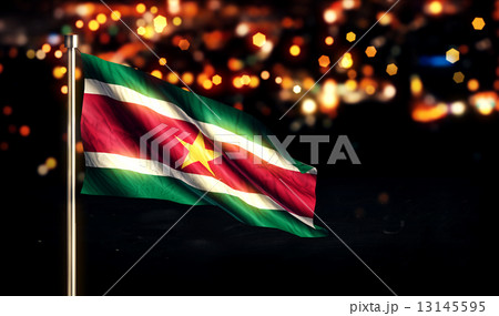 Suriname National Flag City Light Night Bokeh Background 3D 13145595