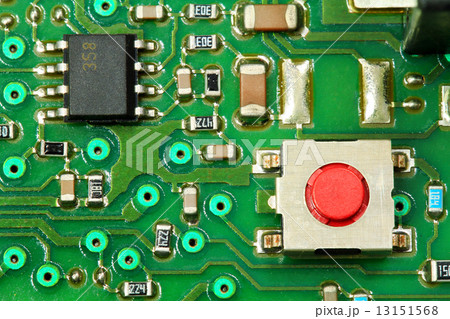 Circuit board. An operational amplifier and micro switch shown as soldered on the electronic card. 13151568