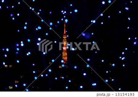 東京ミッドタウンの街路樹のクリスマスイルミネーションと東京タワーの明り 13154193