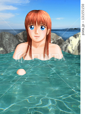 露天風呂につかる女の子 海背景のイラスト素材