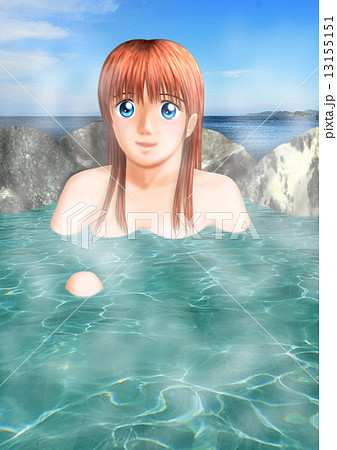 露天風呂につかる女の子 海背景 湯気のイラスト素材