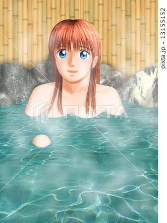 露天風呂につかる女の子　竹垣 13155152