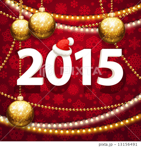 Happy New Year 2015 on Red Background with Christmas Baubles 13156491
