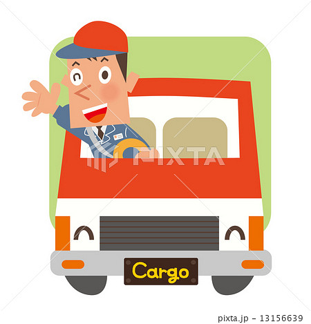 車 赤帽の男性を載せた赤いトラックのイラスト素材