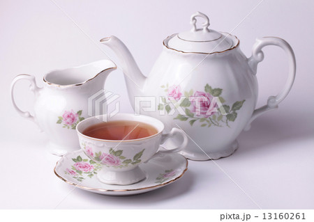 Traditional english tea with white tea set floral dishware 13160261