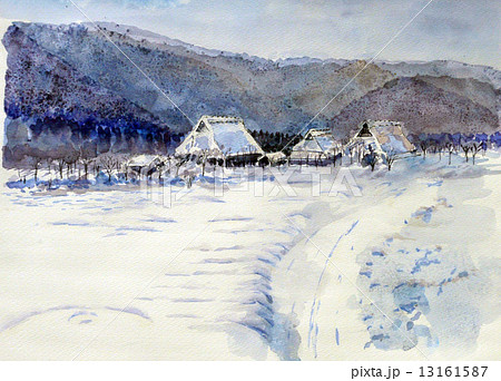 冬の五箇山 雪景色の水彩画のイラスト素材