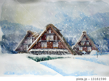 冬の五箇山 白川郷 雪景色の水彩画のイラスト素材