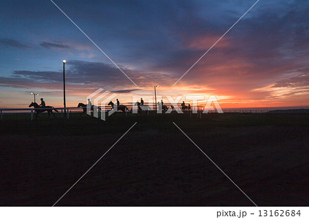 Race Horses Training Track Riders Silhoutted Sunrise Race Horses Training Track Riders Silhoutted Sunrise 13162684