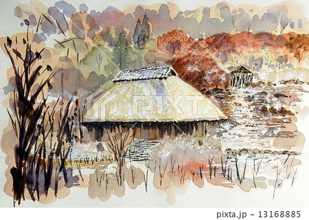 私人住宅的水彩畫，茅草屋頂-插圖素材[13168885] - PIXTA圖庫