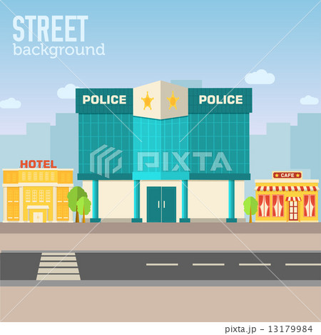 police building in city space with road on flat syle background 13179984