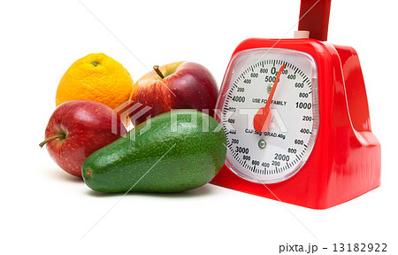 Fruit and kitchen scales isolated on white background Fruit and kitchen scales isolated on white background 13182922