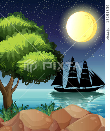 A black ship at the sea under the bright moon 13191356
