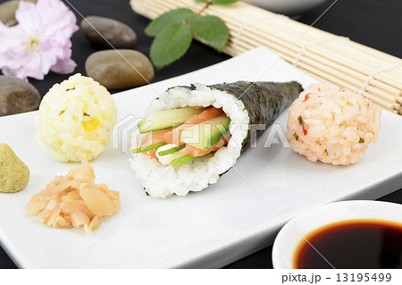 Temaki - Japanese sushi. Salmon & Cucumber / Pepper & Pea Shoot  13195499