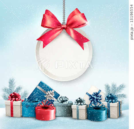 Christmas presents with a label and a ribbon. Vector. 13196554