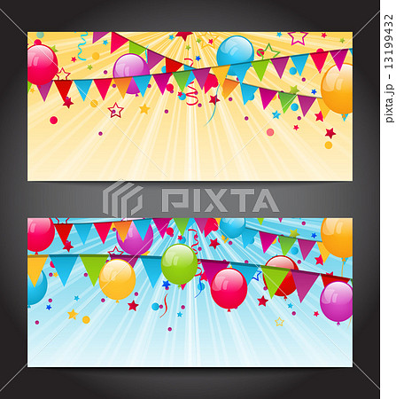 Abstract banners with colorful balloons, hanging flags and confe 13199432