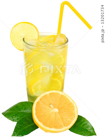Lemonade with ice cubes and sliced lemon with leaf. Lemonade with ice cubes and sliced lemon with leaf. 13201734