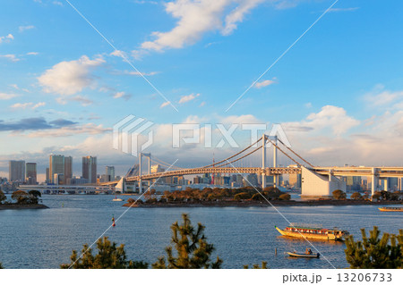 青空が広がるお台場海浜公園とレインボーブリッジ 青空が広がるお台場海浜公園とレインボーブリッジ 13206733