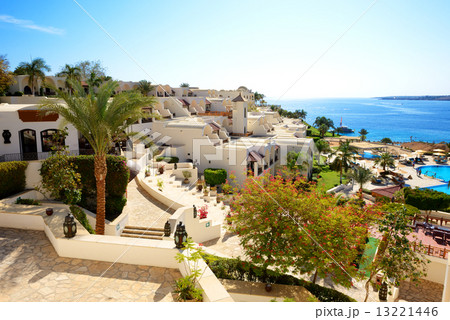 Building and the beach at luxury hotel, Sharm el Sheikh, Egypt 13221446