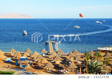 Parasailing and beach of luxury hotel, Sharm el Sheikh, Egypt 13221536