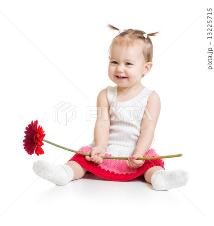 Adorable baby girl sitting with flower isolated Adorable baby girl sitting with flower isolated 13225715