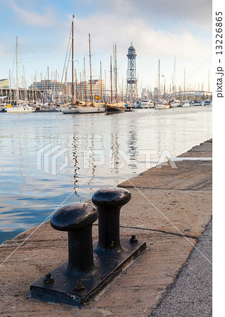 Port of Barcelona, Spain. Big black steel bollard 13226865