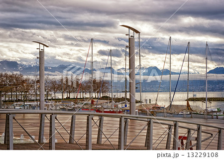 Quay of Geneva lake and Motblanc view  in Losanne 13229108
