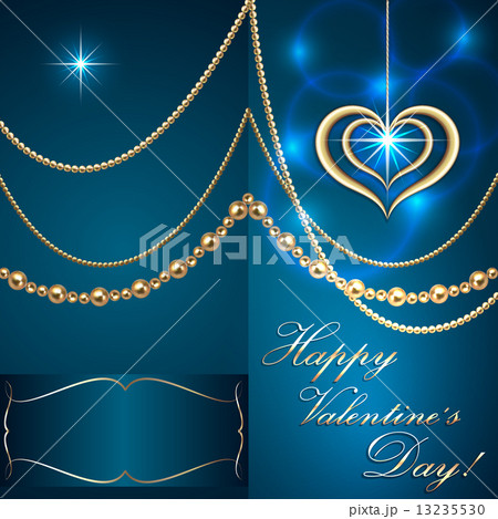 Vector Saint Valentine turquoise  invitation card with hearts and golden jewelry Vector Saint Valentine turquoise  invitation card with hearts and golden jewelry 13235530
