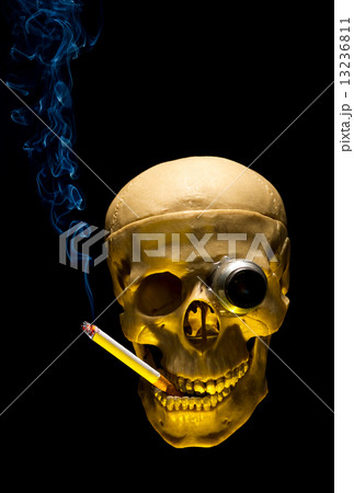 Human skull with monocle smoking cigarette on dark background 13236811