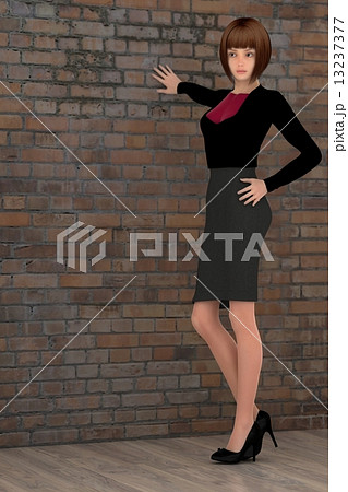 レンガの壁でポーズするモデル体型の女性 ３dcg イラスト素材のイラスト素材