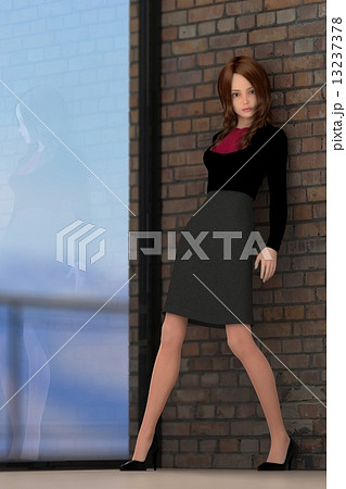 レンガの壁でポーズするモデル体型の女性　３DCG　イラスト素材 13237378