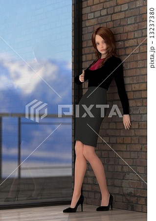 レンガの壁でポーズするモデル体型の女性　３DCG　イラスト素材 13237380