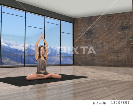 雪山の見える大きな窓の部屋でヨガをする女性 リアル３dcg イラスト素材のイラスト素材