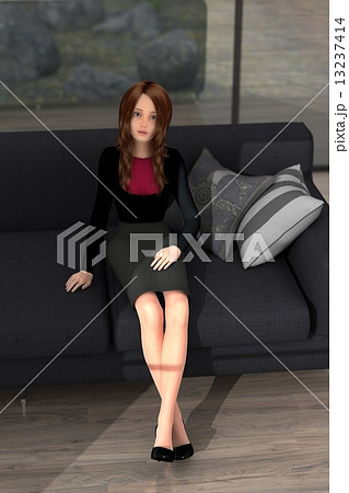比の差し込む室内のソファーでくつろぐきれいな女性　リアル３DCG　イラスト素材 13237414