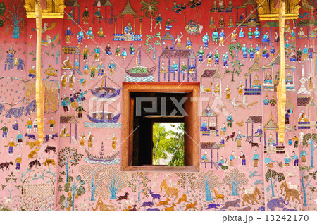 Glass mosaic at wat xieng thong temple wall, Luangprabang,Laos 13242170