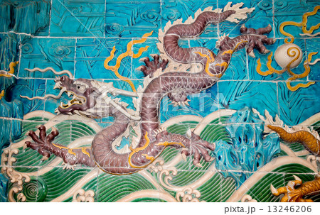 Dragon sculpture. The Nine-Dragon Wall (Jiulongbi) at Beihai park, Beijing, China 13246206