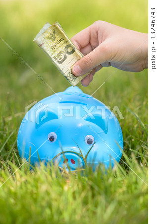 Blue piggy bank sitting on grass with hand putting Thai money. Blue piggy bank sitting on grass with hand putting Thai money. 13246743
