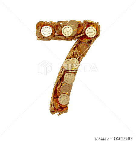 Alphabet number digit seven 7 with golden coins isolated on whit Alphabet number digit seven 7 with golden coins isolated on whit 13247297
