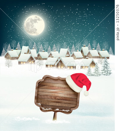 Winter holiday christmas background with a village, a sign and a Winter holiday christmas background with a village, a sign and a 13250376